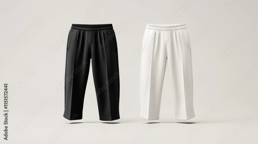 61.3D front view of black and white men’s pants mockup, shown in a realistic, isolated setting; the empty design template features a simple cut with functional pockets, suitable for clothing 61.3D front view of black and white men’s pants mockup, shown in a realistic, isolated setting; the empty design template features a simple cut with functional pockets, suitable for clothing