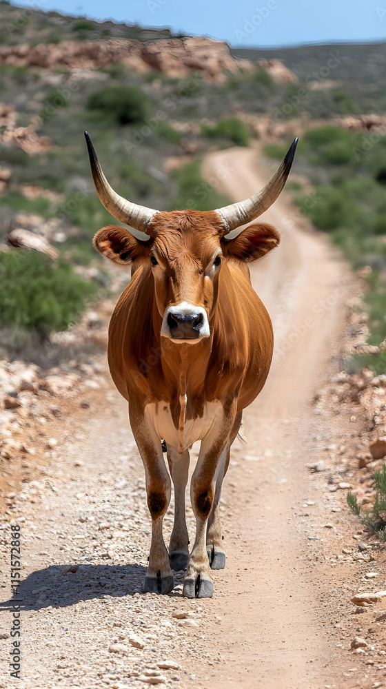 Brown cow walking on dirt road, arid landscape background, rural scene, livestock farming image. Brown cow walking on dirt road, arid landscape background, rural scene, livestock farming image.