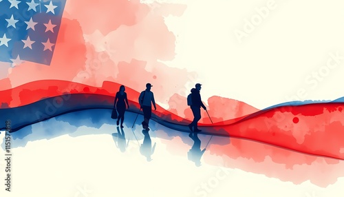 Silhouette of immigrants walking towards the American flag.