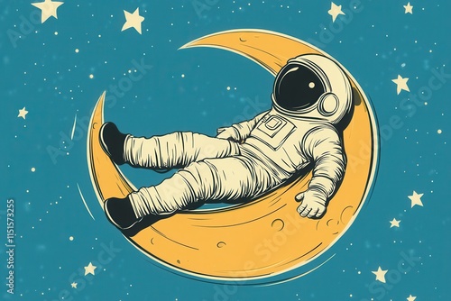 Whimsical Cartoon Astronaut Relaxing on a Bright Moon with Stars in a Glowing Sky, Featuring Unique Proportions and Playful Style for Creative Artwork and Illustrations