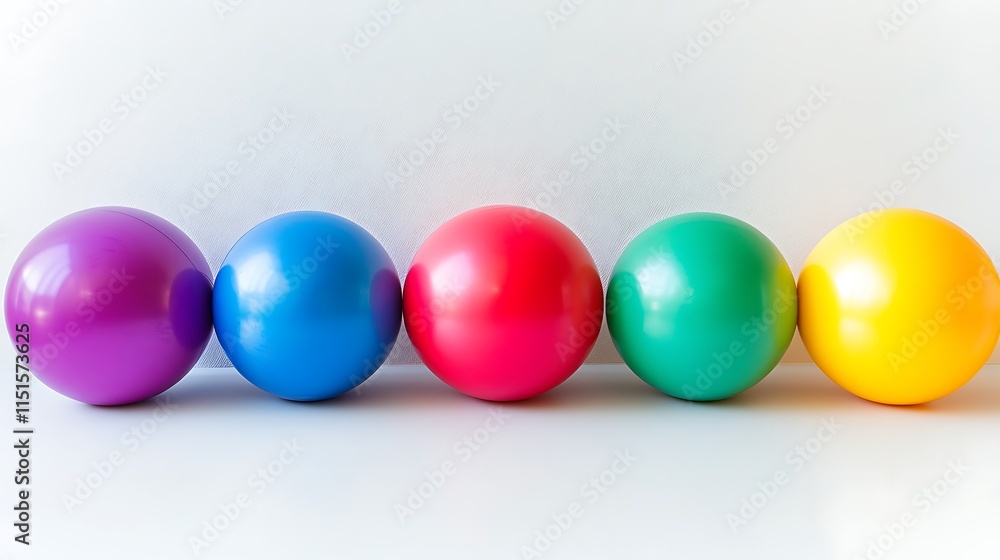 A collection of colorful exercise balls arranged neatly on a clean white background, ideal for health and fitness imagery A collection of colorful exercise balls arranged neatly on a clean white background, ideal for health and fitness imagery