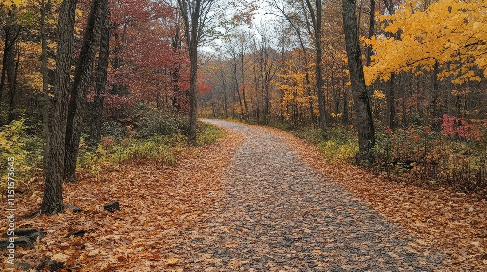 Obraz premium Autumn Path through Colorful Woods: A Serene Journey into Fall's Embrace