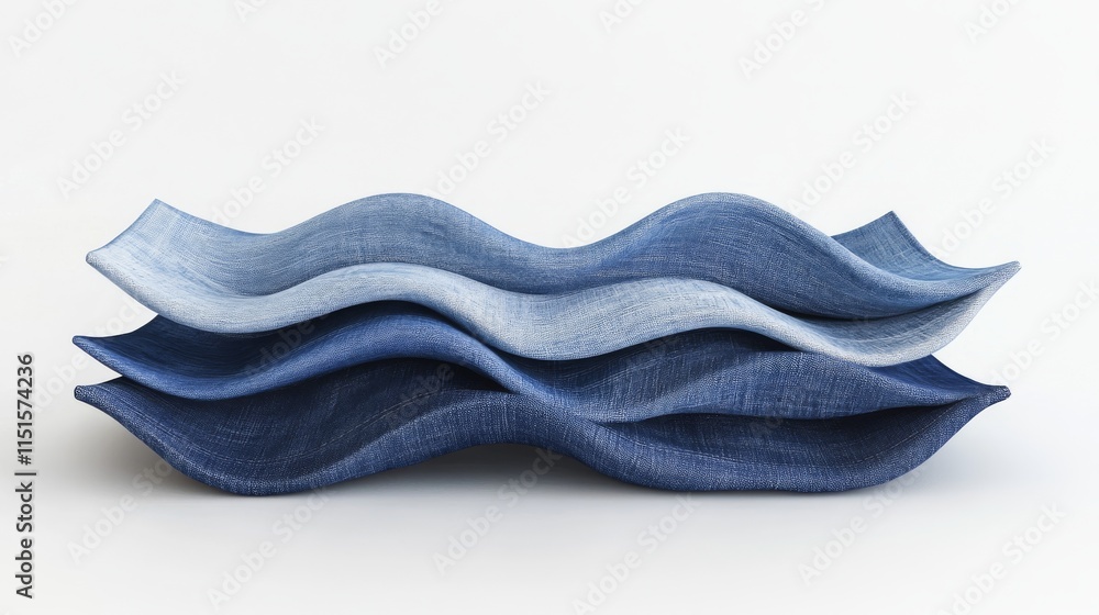 92.Stack of neatly folded jeans trousers in various blue shades, arranged on a plain white background; layers of denim texture with visible stitching, creating a clean, organized display. 92.Stack of neatly folded jeans trousers in various blue shades, arranged on a plain white background; layers of denim texture with visible stitching, creating a clean, organized display.