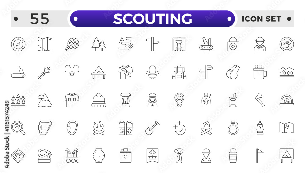 Scouting outline icons showing the equipment and activities for hiking, camping and outdoor education including fire, cooking, backpack, tent, canoe, compass, canteen, archery and lantern. Scouting outline icons showing the equipment and activities for hiking, camping and outdoor education including fire, cooking, backpack, tent, canoe, compass, canteen, archery and lantern.