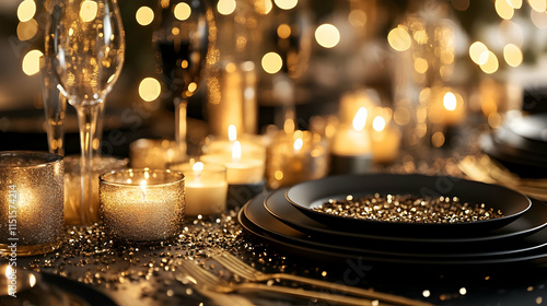 Elegant Golden Dinner Table Setting with Candles and Glitter