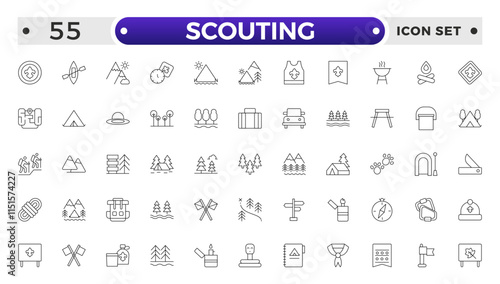 Scouting outline icons showing the equipment and activities for hiking, camping and outdoor education including fire, cooking, backpack, tent, canoe, compass, canteen, archery and lantern.