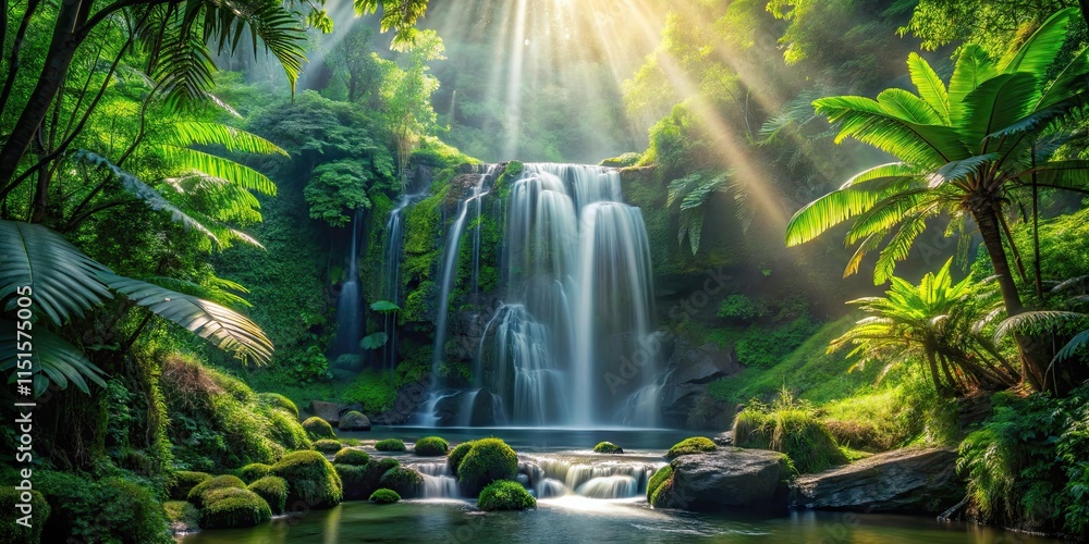 Serene Waterfall Cascading Through Lush Tropical Rainforest, Bathed in Sunlight Serene Waterfall Cascading Through Lush Tropical Rainforest, Bathed in Sunlight