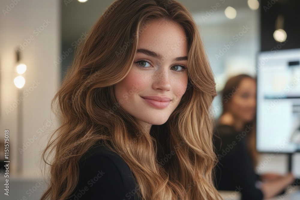 A woman with long brown hair is smiling and looking at the camera A woman with long brown hair is smiling and looking at the camera