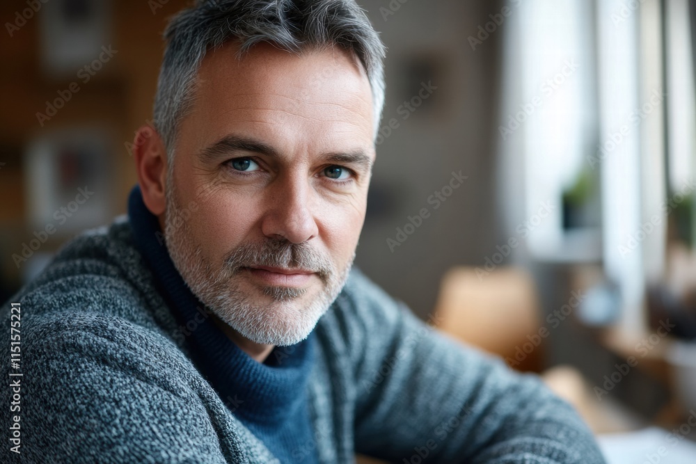 A man with a beard and gray hair is wearing a blue sweater A man with a beard and gray hair is wearing a blue sweater