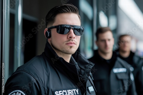 A man in a black security uniform stands with his back to the camera photo