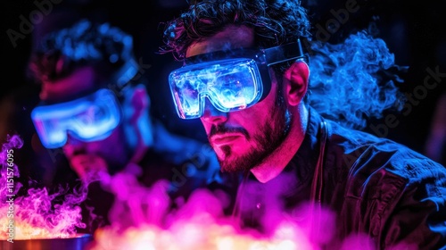 Fototapeta Naklejka Na Ścianę i Meble -  A group of chefs, possibly of European descent, prepares innovative fusion dishes using molecular gastronomy techniques amid colorful smoke and light.