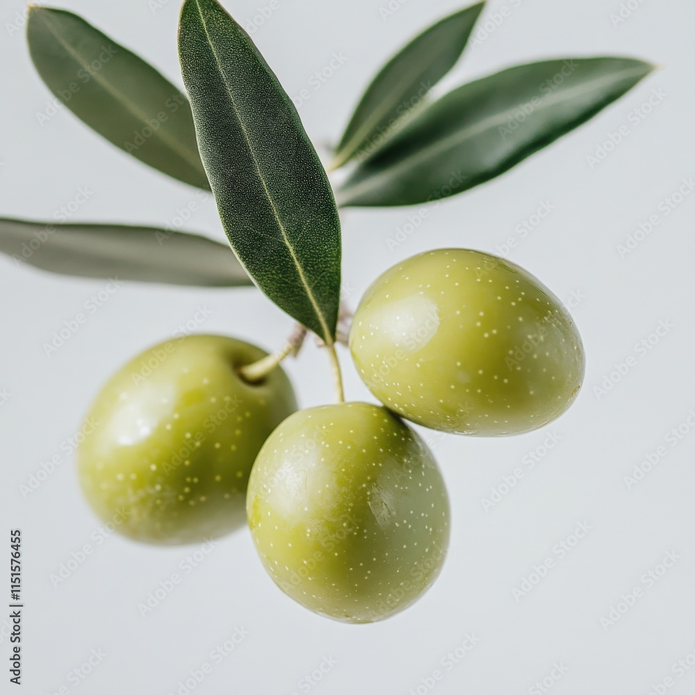 Obraz premium close-up of three green olives on a branch with leaves