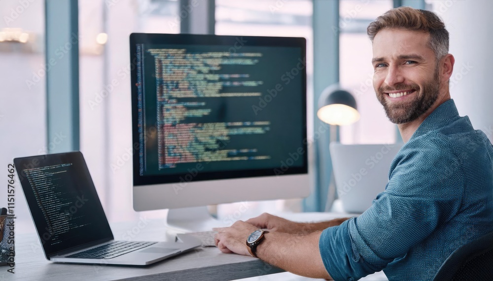 web development with smile of man in creative workplace for coding or design web development with smile of man in creative workplace for coding or design