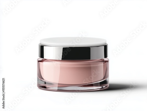 Skincare jar render featuring pearlized PET substrate with soft blush color and white matte cap in front view photo