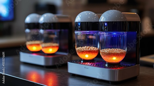 Fototapeta Naklejka Na Ścianę i Meble -  A modern food tech device with illuminated containers showcasing molecular gastronomy techniques. Ideal for sustainable and smart cooking.