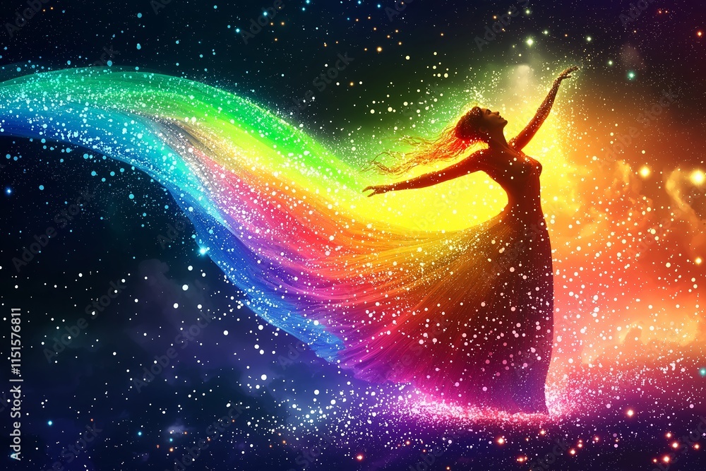 Naklejka premium Colorful silhouette of a woman surrounded by vibrant cosmic energy at night