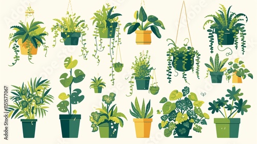 Lush Indoor House Green Plants Flowers Isolated White Background