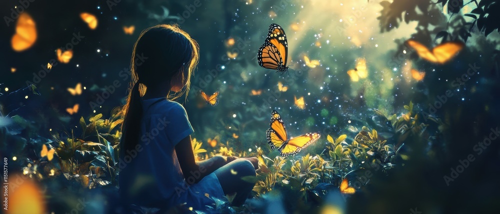 Enchanted moment with butterflies and child in a magical forest setting Enchanted moment with butterflies and child in a magical forest setting