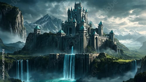 Video footage of majestic castle with multiple towers and spires sits atop a cliff, surrounded by mountains and waterfalls, under a dramatic, cloudy sky