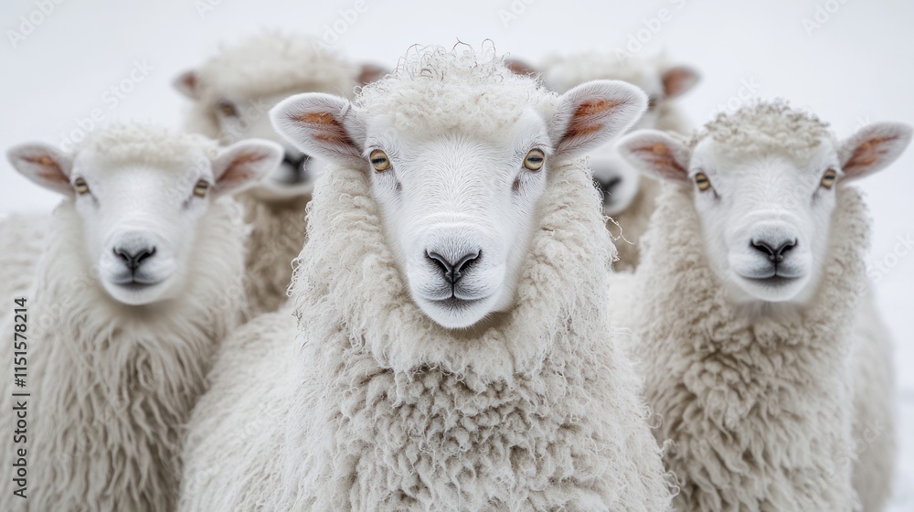 Obraz premium Five fluffy white sheep staring directly at the camera against a white background.