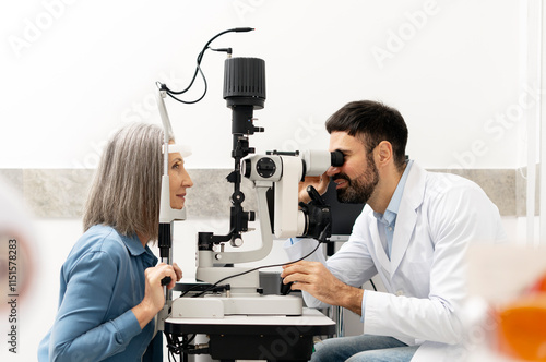 Senior woman undergoing eye exam with optometrist using slit lamp photo