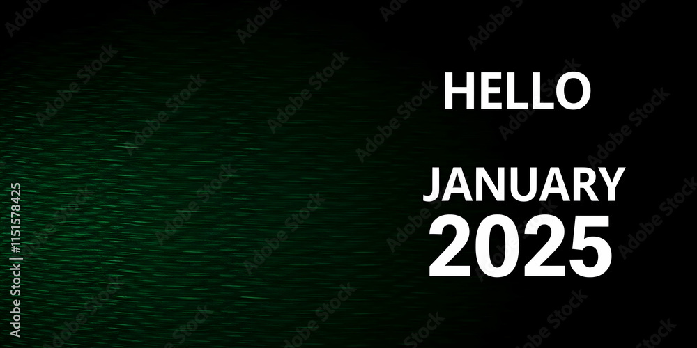 Intense dramatic lighting, long exposure photography of a banner on a shimmering dark green textured background. Text HELLO JANUARY 2025 in bold white sans-serif font on the right, Intense dramatic lighting, long exposure photography of a banner on a shimmering dark green textured background. Text HELLO JANUARY 2025 in bold white sans-serif font on the right,