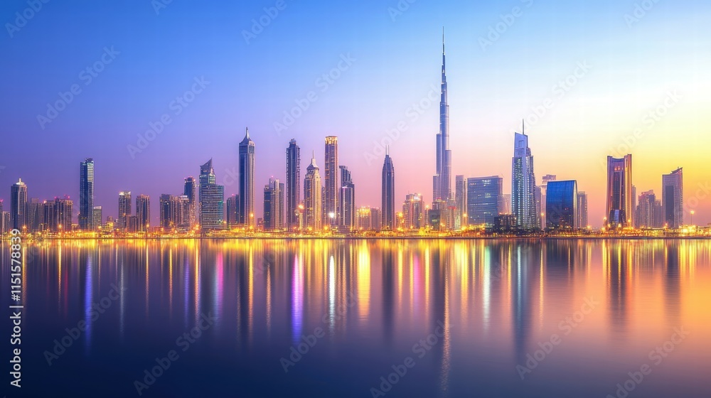 Obraz premium Stunning Night View of Dubai Skyline with Vibrant Colors and Reflections