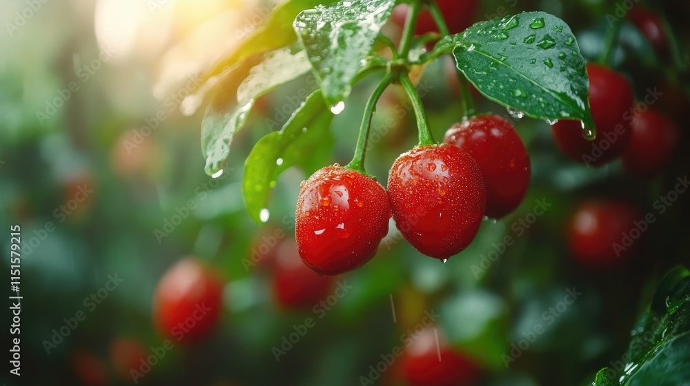 Obraz premium Close-up of ripe red chili peppers on a plant, glistening with raindrops after a refreshing rain shower in a lush garden setting.