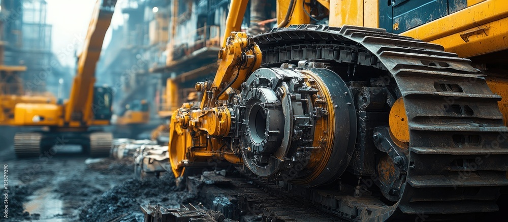 Fototapeta premium Close-up of a bulldozer's tracks and drive mechanism on a construction site, highlighting the machinery's power and ruggedness.