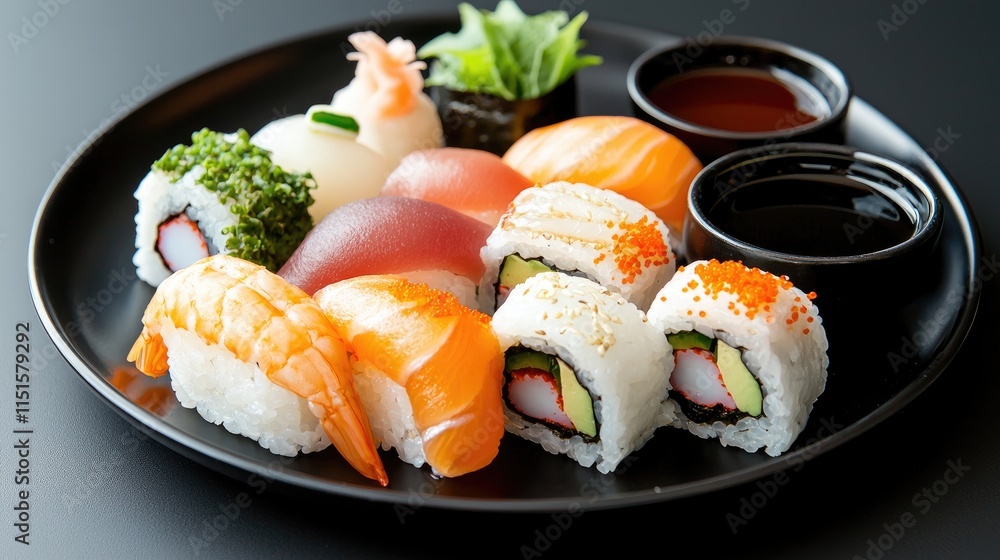 Fresh Sushi Plate with Variety of Rolls and Nigiri Fresh Sushi Plate with Variety of Rolls and Nigiri