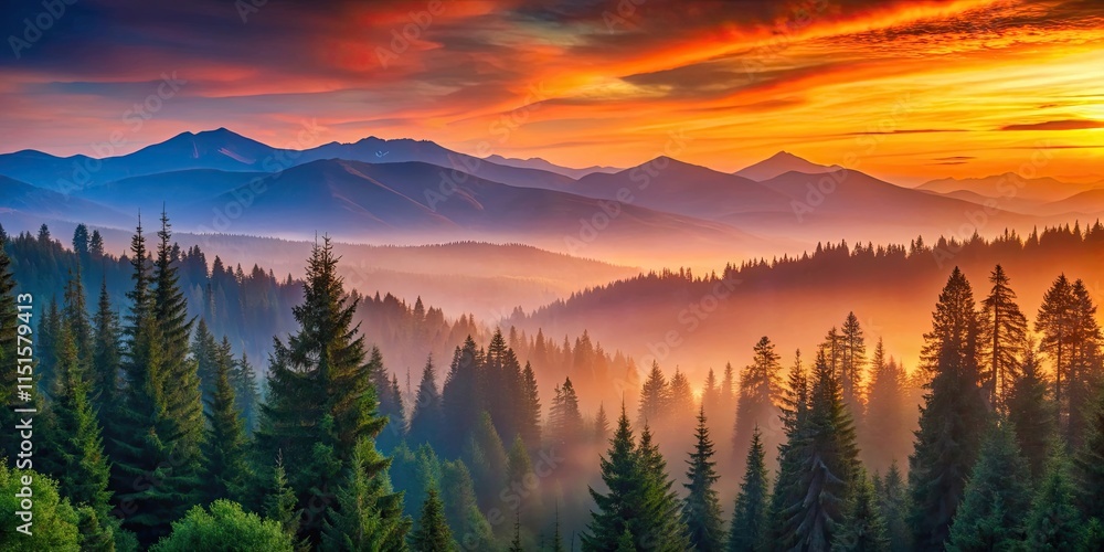 Serene Sunrise Over Misty Mountain Range and Evergreen Forest Serene Sunrise Over Misty Mountain Range and Evergreen Forest