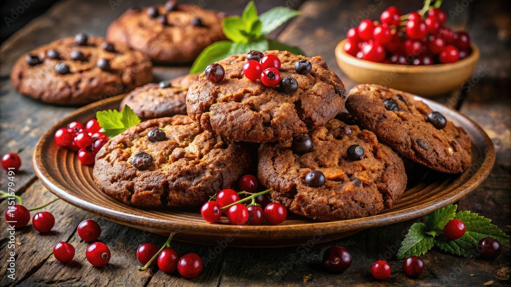 Obraz premium Low-light photography showcases rich, homemade chocolate oatmeal cookies, their vibrant currant jewels gleaming.