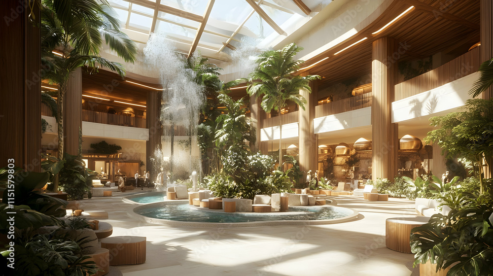 Obraz premium Luxurious Tropical Resort Lobby with Indoor Fountain