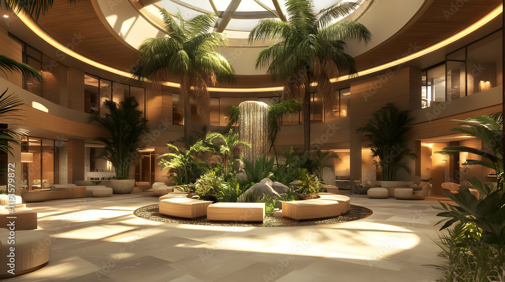 Obraz premium Serene Tropical Lobby: Modern Architectural Design