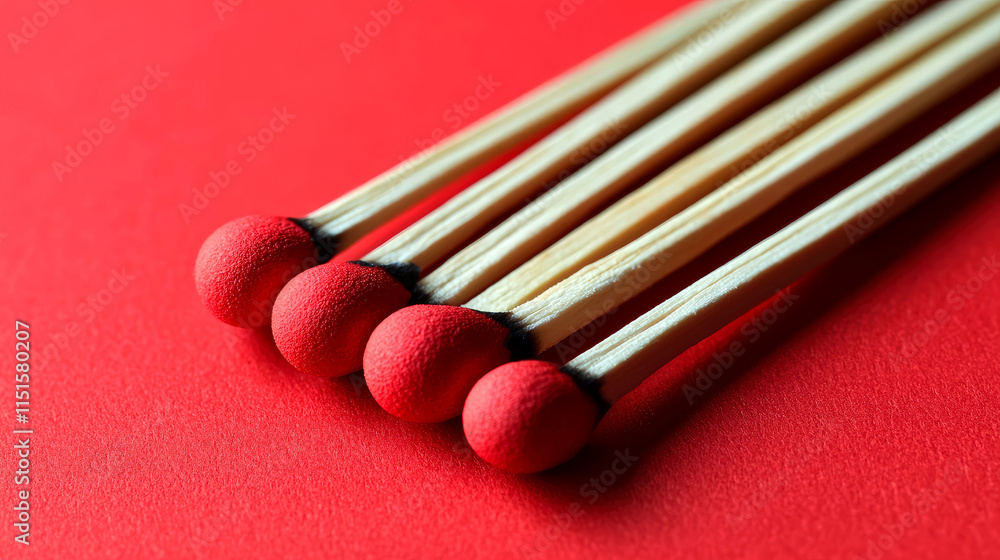 Close-up of five red-tipped matches on red background. Close-up of five red-tipped matches on red background.