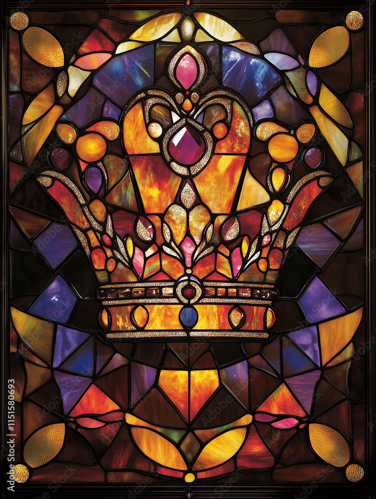 Regal Stained Glass Pattern with a Queen's Crown Centerpiece, Glossy and Jewel-like Reflection Regal Stained Glass Pattern with a Queen's Crown Centerpiece, Glossy and Jewel-like Reflection