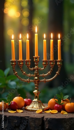 Golden candlesticks and seven lit menorah branches in a serene, natural setting, reflection, candles photo