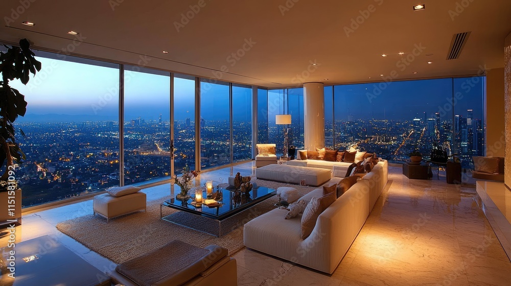 Fototapeta premium Luxury Penthouse Living Room with Breathtaking Cityscape View at Dusk