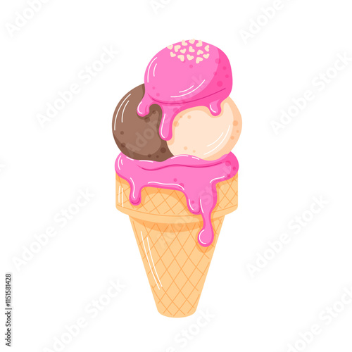 Ice cream cone with three scoops and pink dripping glaze topped with heart shaped sprinkles in cartoon. Sweet and colorful treat for celebration, summer theme and romantic holiday.
