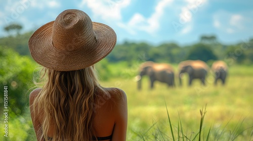 Woman in hat observing elephants on safari tour on Sri Lanka 