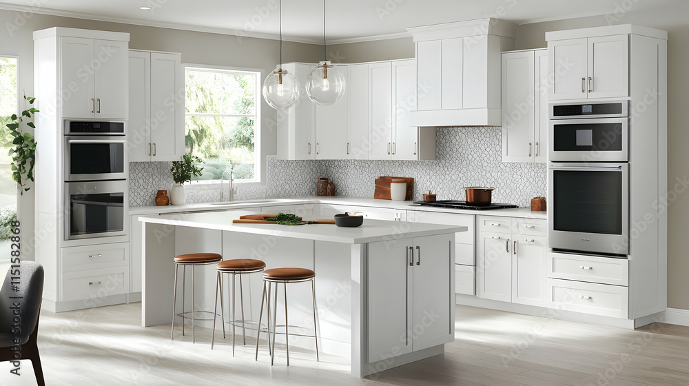 Modern White Kitchen Design with Island and Stainless Steel Appliances Modern White Kitchen Design with Island and Stainless Steel Appliances
