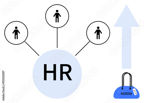 HR at the center connecting to employee icons, upward arrow representing growth, blue briefcase. Ideal for human resources, employee management, business growth, career development, organizational