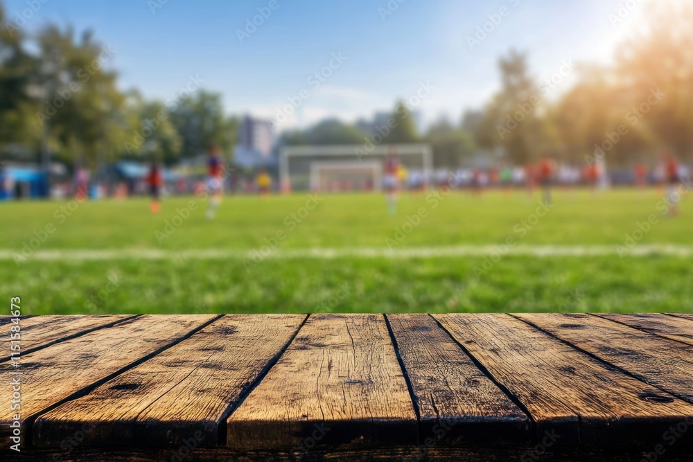 Wooden Table with Blurred Soccer Field in Background, Perfect for Sports-Themed Marketing Material, Advertising, or Blog Post on Youth Soccer Events Wooden Table with Blurred Soccer Field in Background, Perfect for Sports-Themed Marketing Material, Advertising, or Blog Post on Youth Soccer Events