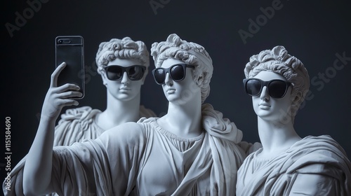 Classical statues wearing sunglasses and taking a selfie