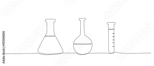 Test flask one continuous line illustration. Hand drawn doodle sketch of medical, laboratory equipment
