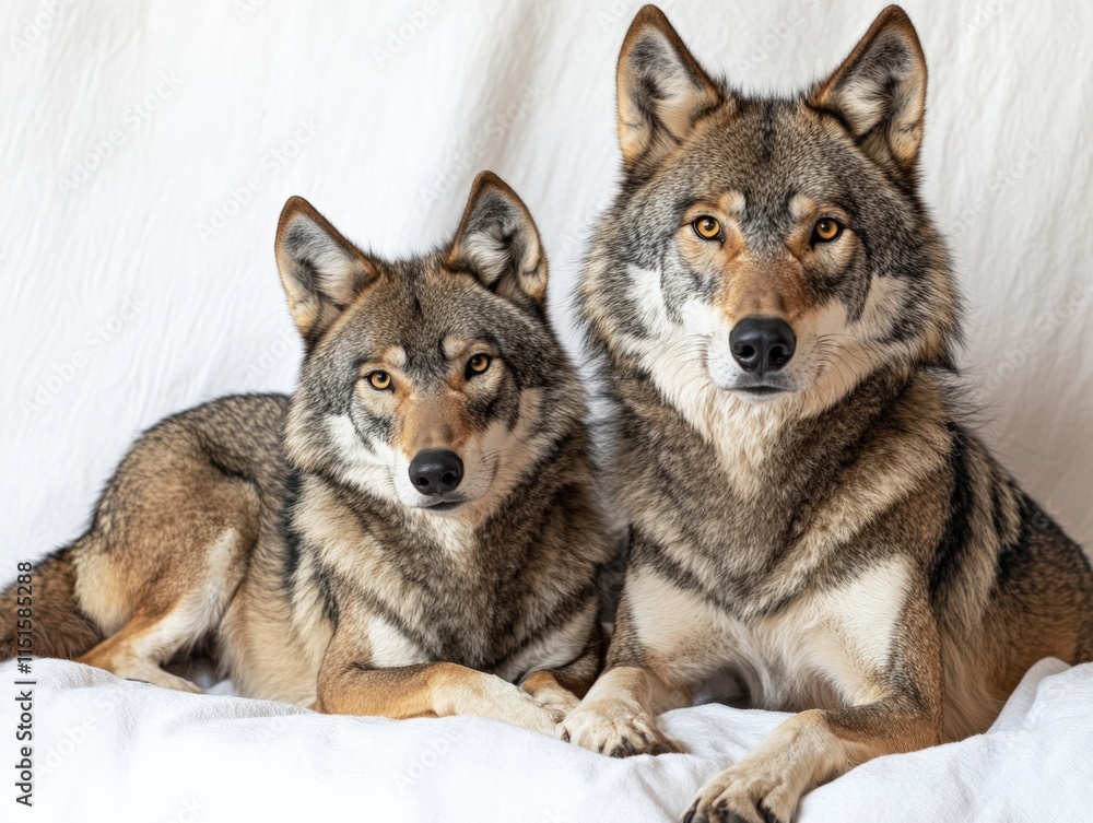 two gray wolves laying down on a white surface two gray wolves laying down on a white surface