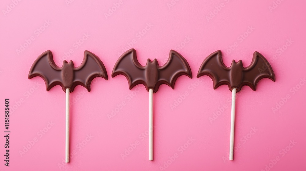 Fototapeta premium Delicious Chocolate Bat Lollipops on Pink Background Halloween Treats