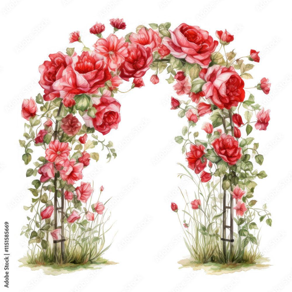 Obraz premium A watercolor painting depicts a charming wooden archway richly decorated with climbing red roses and greenery.