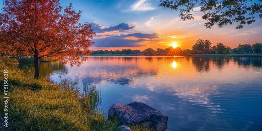 Fototapeta premium Serene sunset at the lakeside creates a tranquil atmosphere in the park, highlighting the beauty of nature during this picturesque sunset by the lakeside.