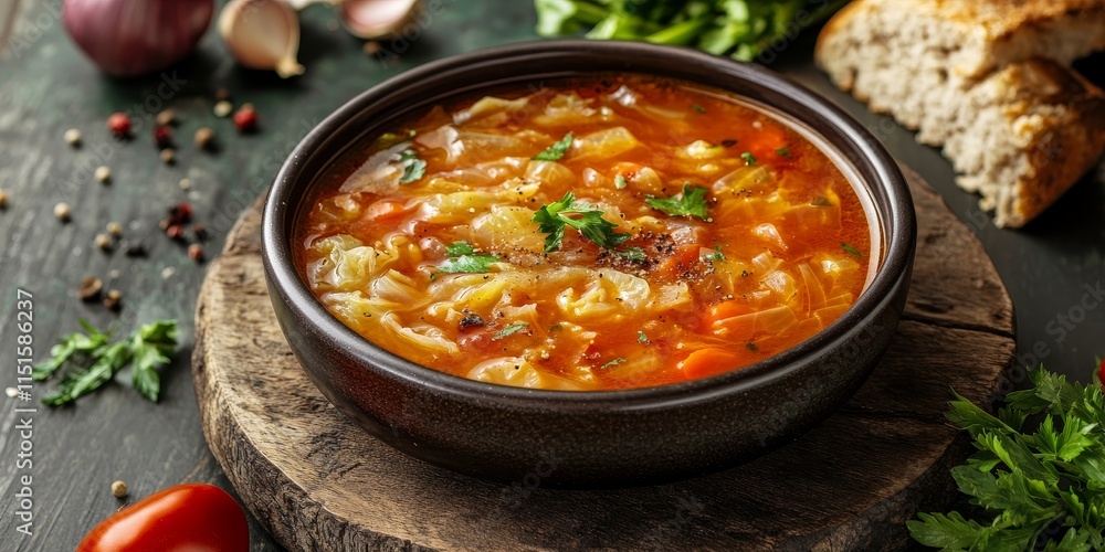 Hearty traditional cabbage soup served in a rustic setting, showcasing the rich flavors and comforting essence of this traditional cabbage soup. Perfect for a cozy meal or culinary inspiration. Hearty traditional cabbage soup served in a rustic setting, showcasing the rich flavors and comforting essence of this traditional cabbage soup. Perfect for a cozy meal or culinary inspiration.